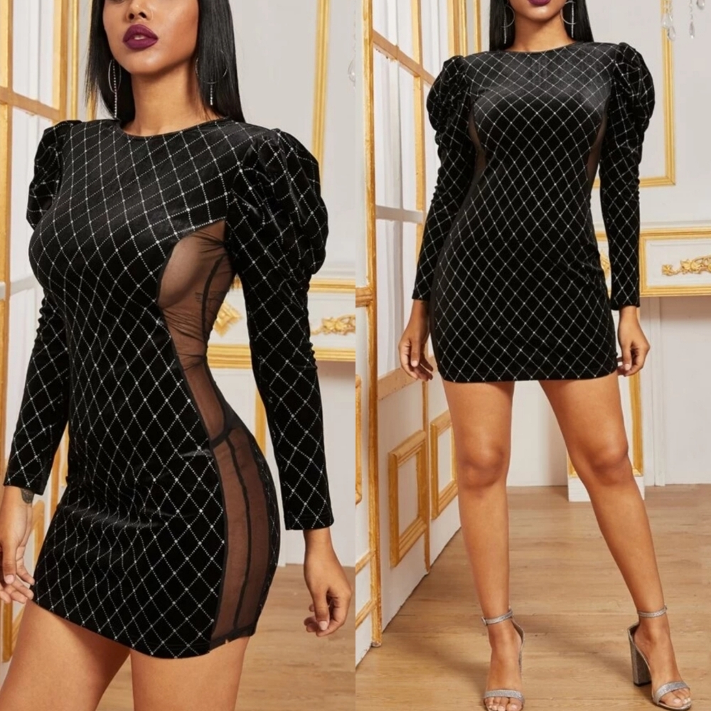 Black poof sleeve mesh dress